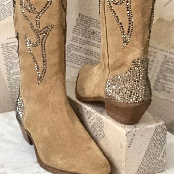 Free People Nashville Nights Cowboy Boot Tan Suede Pewter Rhinestones - Picture 6 of 9